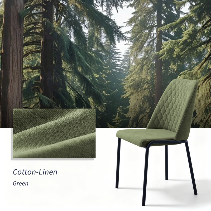 49cmH Modern Linen/Suede Diamond Quilted Upholstered Dining Chairs with Black Metal Legs (Set of 2/4), Green Linen, 2