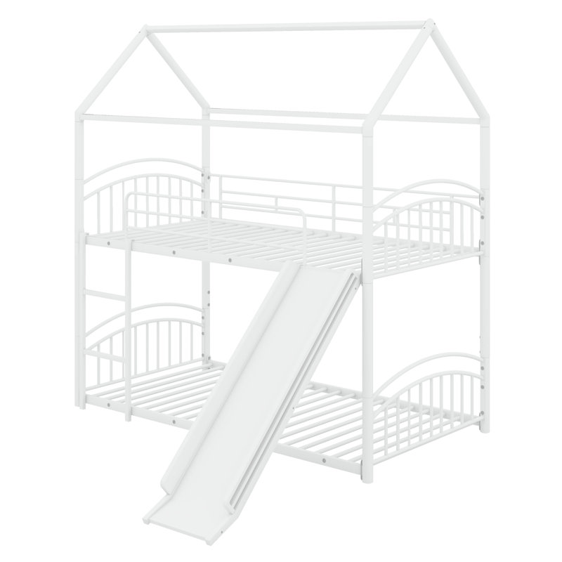 Charming Twin Over Twin Metal House Bunk Bed Featuring An Exciting Slide, White