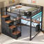Lit mezzanine double avec bureau en L et 10 tiroirs de rangement, lit capitaine plateforme en métal avec éclairage DEL et borne de recharge, meuble de rangement gain de place pour escalier, idéal pour les petits espaces, les résidences étudiantes et les appartements.-784107946
