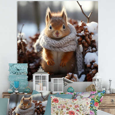 Cute Squirrel With Scarf In Snow I - Squirrel Animal Metal Wall Art
