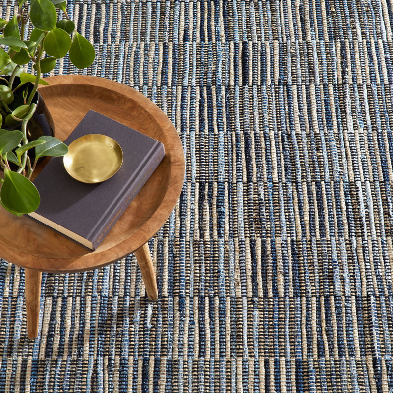 Denim Rag Gridwork Blue Handwoven Cotton Rug, Rectangle 2' x 3'