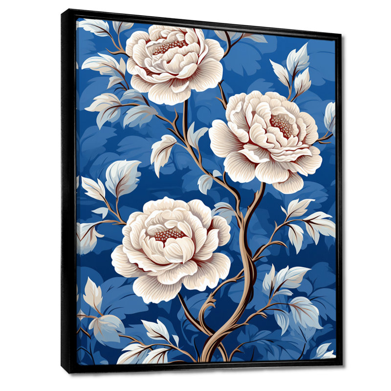 «White Rose On Retro Blue - Roses», reproduction d'art murale, H 32 po x l 24 po x P 1 po, Toile avec cadre flottant noir