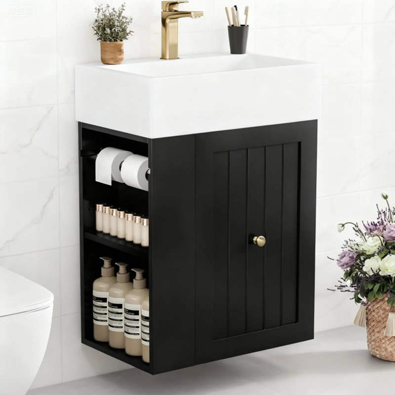 Meuble-lavabo de 20 po avec lavabo en céramique, tablette latérale et poignée dorée (noir), Noir