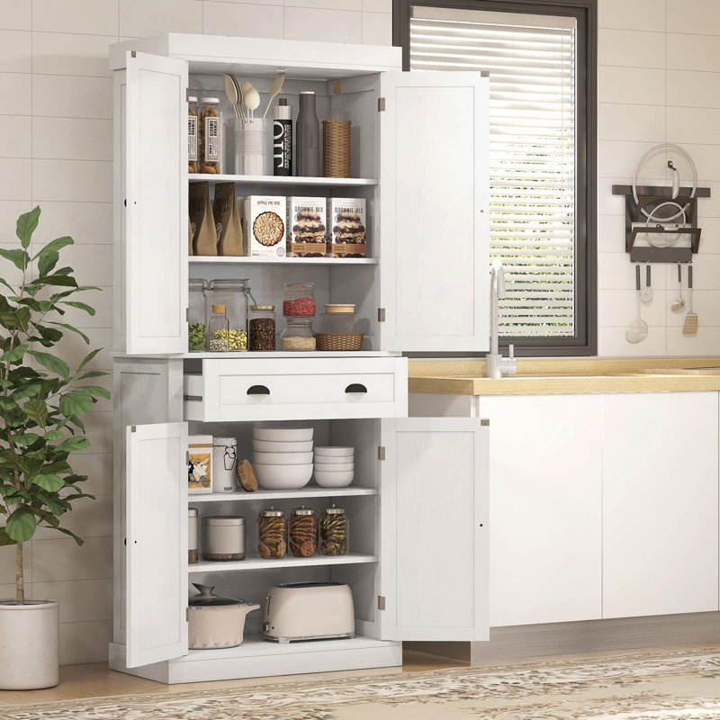 72.5" Kitchen Pantry Cabinet, Traditional Freestanding Storage Cabinet with 4 Doors, Drawer and 3 Adjustable Shelves for Dining Room, White Wood Grain