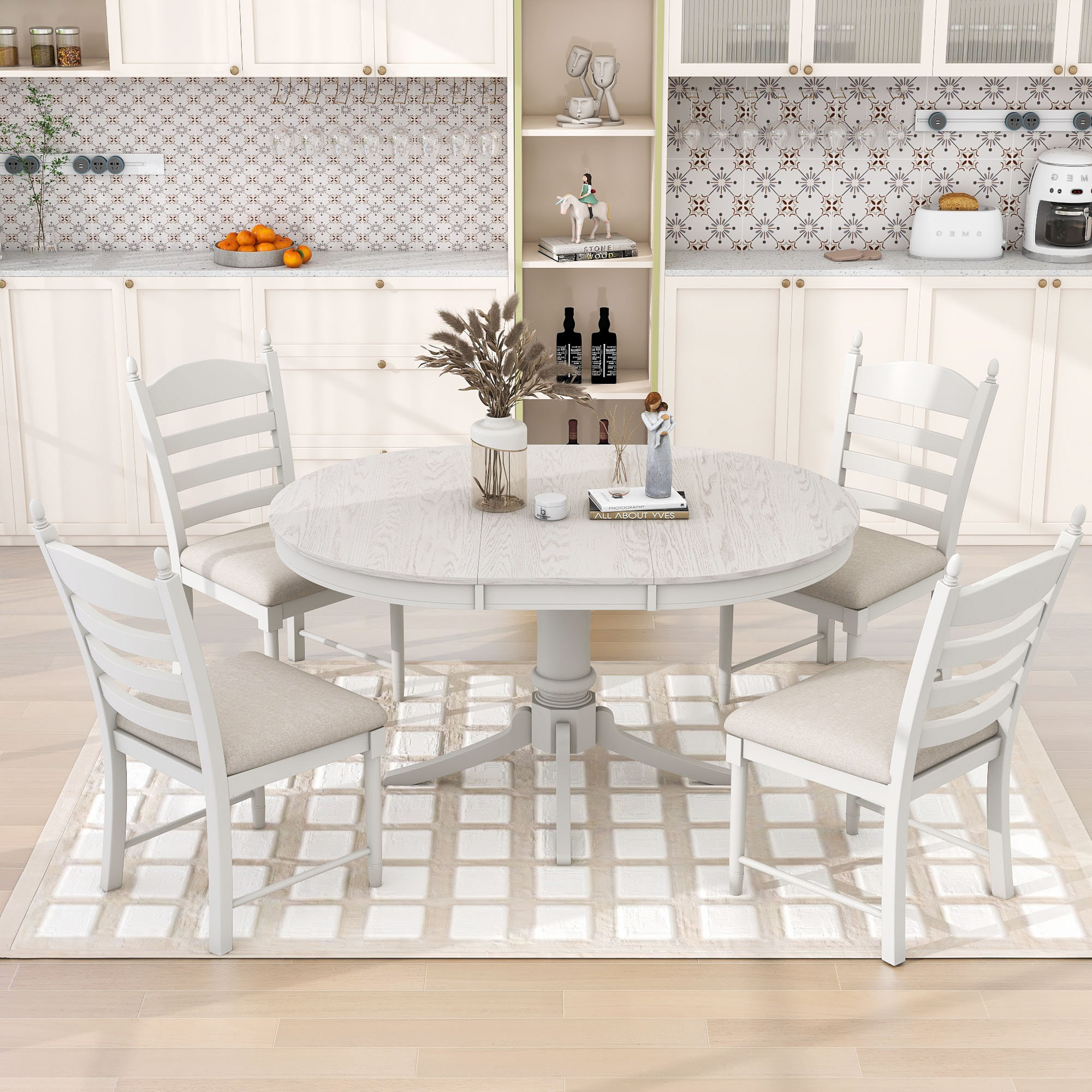 August Grove Danyelle 5Pcs Extendable Round Dining Set with Wood Table ...
