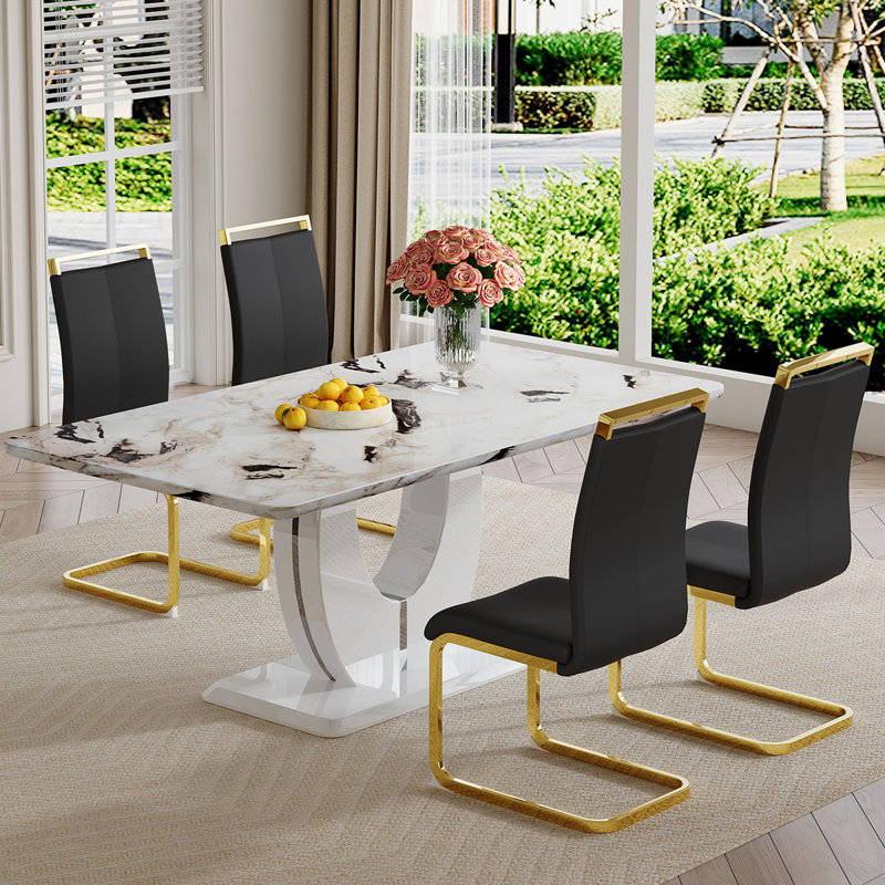 Ensemble de table de salle à manger, Noir / or, 5 pièces, Dalishis