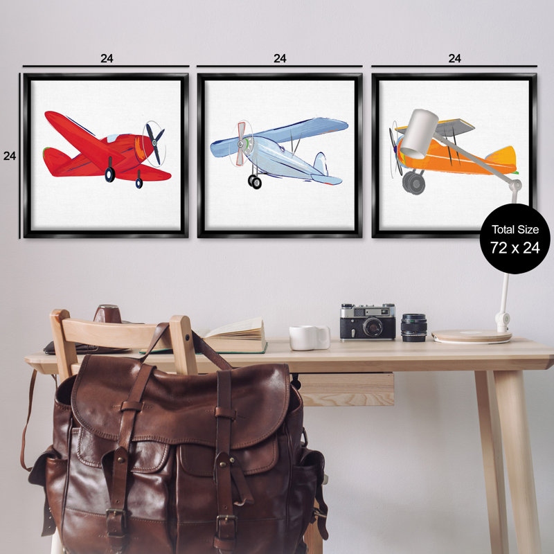 «Triple Colorful Airplanes Dessin», ensemble de 3 toiles flottantes encadrées noires par Sweet Pea Studio, 25" H x 25" W