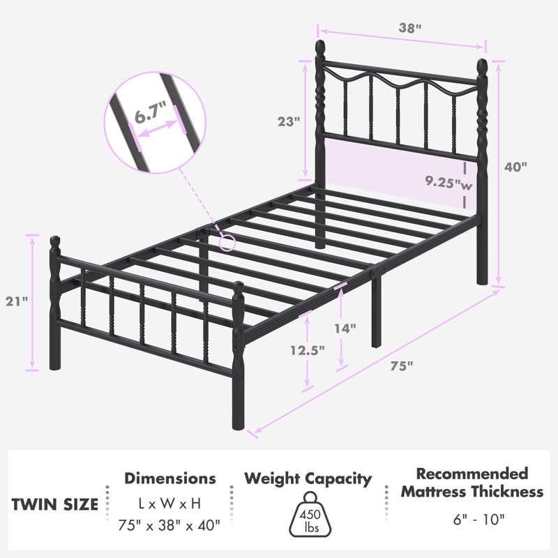 Heavy Duty Metal Bed, Mattress Foundation, No Box Spring Needed, Noise Free, Twin