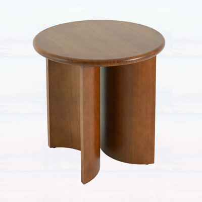 Walnut Finish Pine Wood Round Side Table with Unique Fan-Shaped Legs, Mid-Century Modern Accent for Living Room