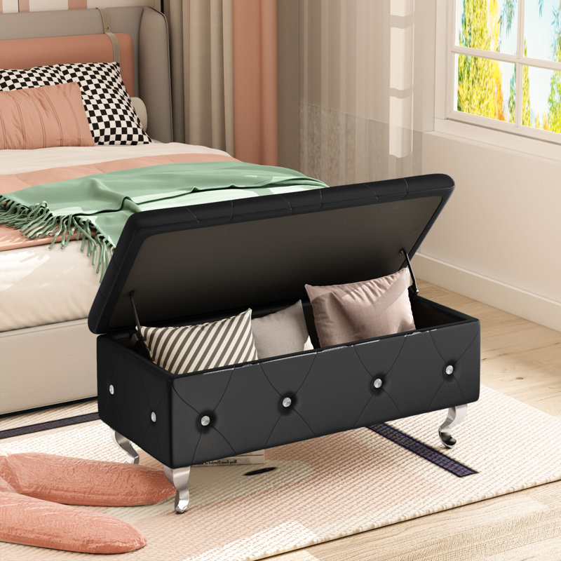 Voxto 37.4" Wide Faux Leather Tufted Rectangle Storage Ottoman, Black Faux Leather