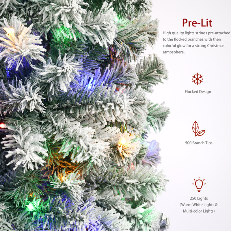 6.5ft Pre-Lit Snow Flocked Pencil Christmas Tree with Multi-Colour LED Lights - Slim Artificial Xmas Tree for Space-Saving Holiday Decor