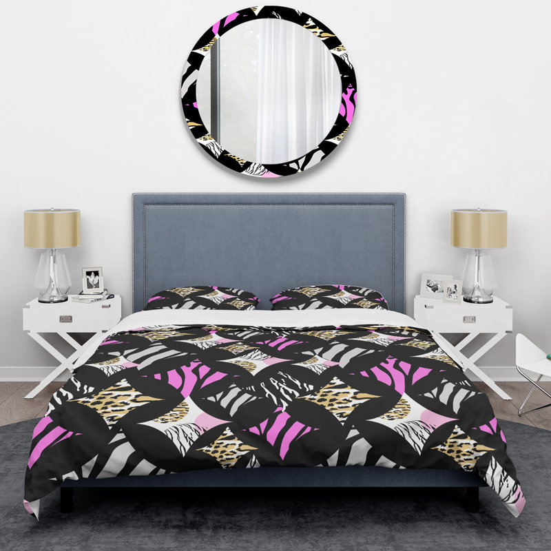 Ensemble de housse de couette en microfibre noir / rose 3 pièces, Housse de couette pour très grand lit et 2 très