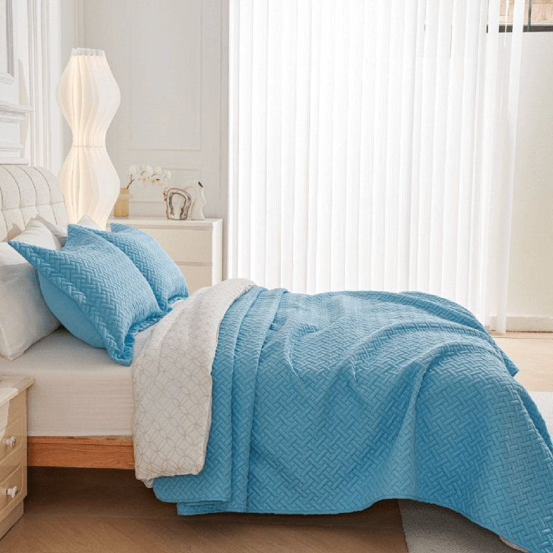 Siyana Stitched Pinsonic Reversible Bedspread Set, Blue, King Bedding Set + 2 Pillow Shams