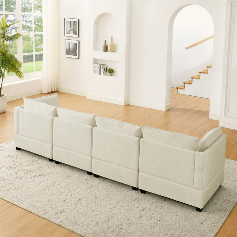 Canapé modulaire 4 places avec 2 repose-pieds, canapé-lit en chenille Cloud, Beige