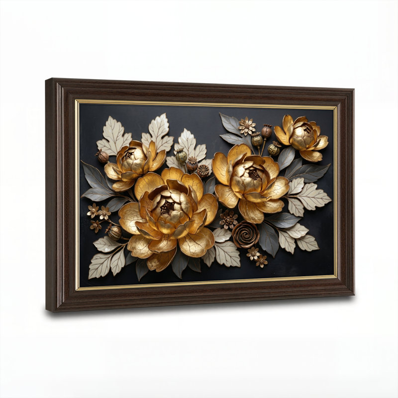 Art mural antique sur toile encadré doré pour le salon, la chambre à coucher, le bureau ou le vestibule - décoration murale décorative avec motif floral doré