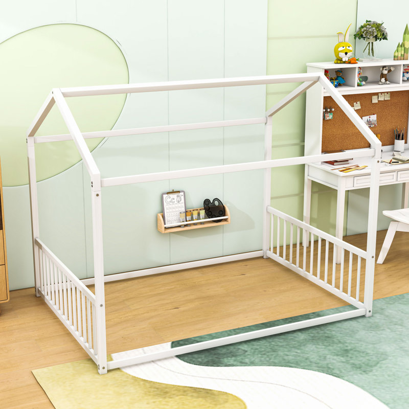 Metal Floor Bed Frame With Safety Guardrails, Full, White
