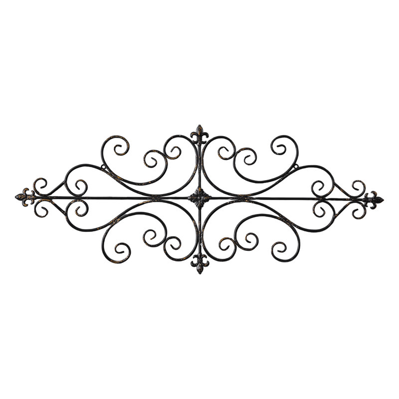 Vintage Black Wrought Iron Wall Decor 45" X 18", Hanging Distressed Finish Fleur De Lis Scroll Metal Wall Art