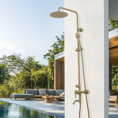 47" H Wall Mounted Stainless Steel Adjustable Height Outdoor Shower with Footwash Spout