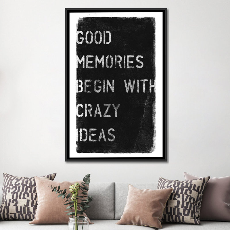 « fou ideas i », art textuel sur toile, H 26 po x l 18 po x P 1,5 po, Toile avec cadre noir, Pas de tapis