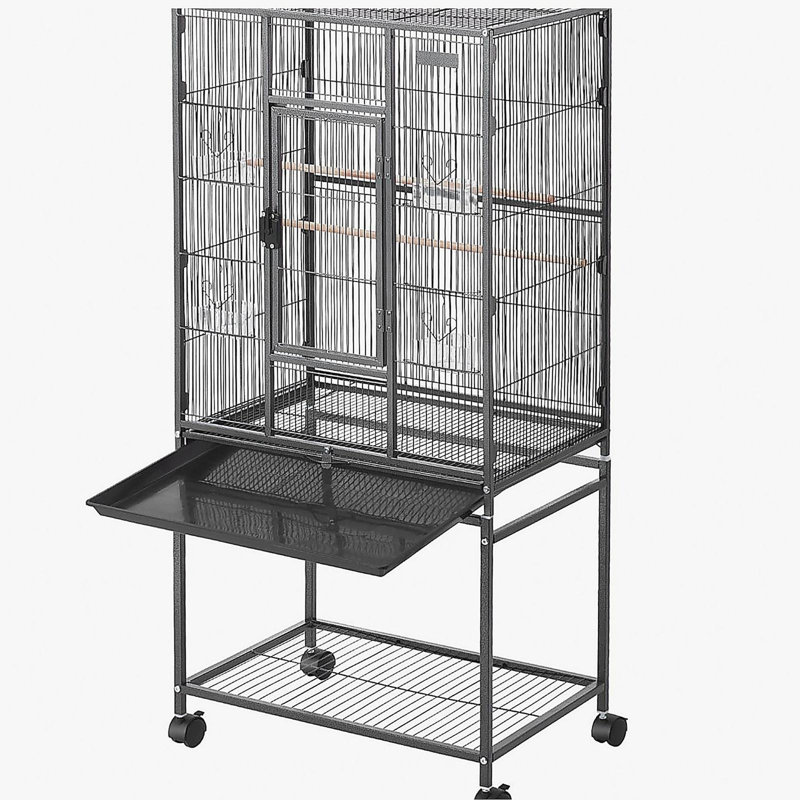 Cage à oiseaux, 24,6 x 16,7 x 53,9 pouces, plateau plat, cage en fer forgé avec perchoirs, plateau coulissant et mangeoires en plastique, roulettes, perroquet, mésange bleue, cockatiel, canari, perruche, conure
