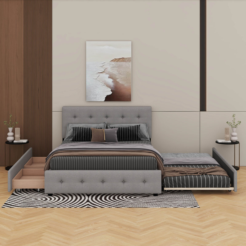 Grand lit plateforme tapissier avec 2 tiroirs et un lit gigogne, Gris clair