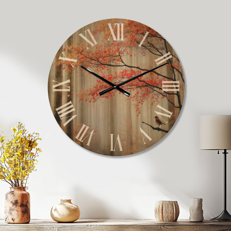 Grande horloge murale ronde en bois Woodland - Autumn Forest Morning Dew in Québec, Large