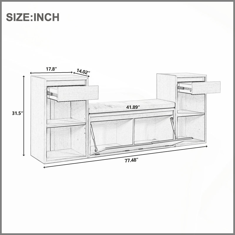 Banc de rangement tout-en-un avec coussin, compartiments, tiroirs et tablettes ouvertes, banc de rangement pour couloir, vestibule, salon (espresso)