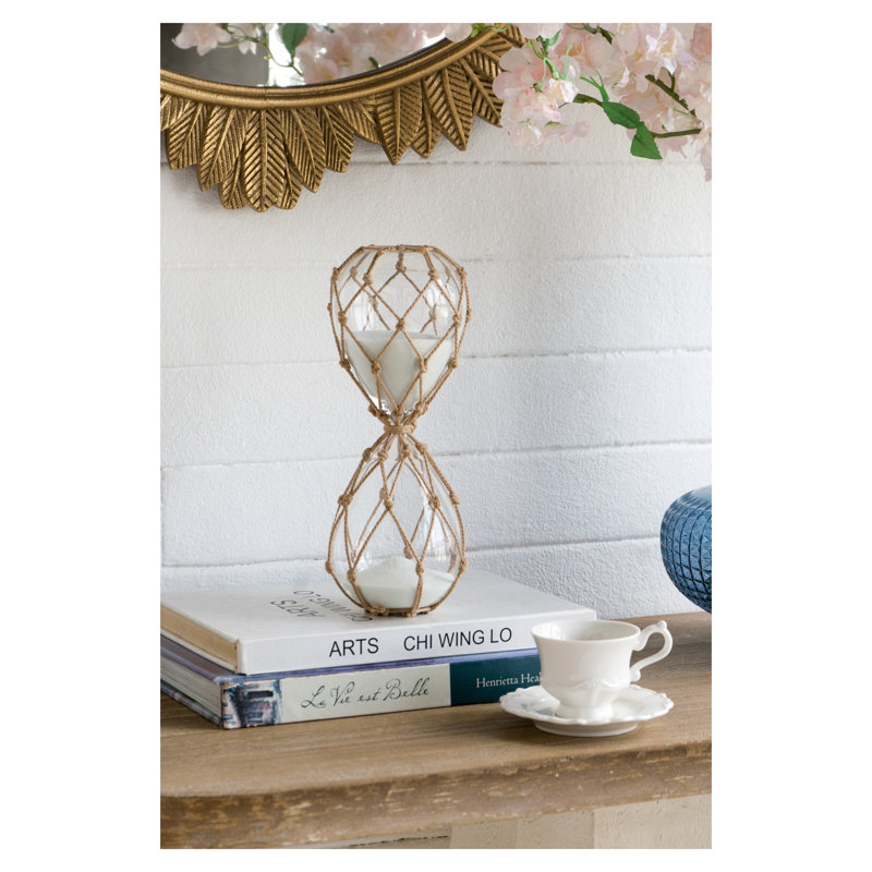 Minuterie transparente en forme de sablier 45 minutes avec sable blanc et filet de coton brun clair - 3,8 po x 10 po