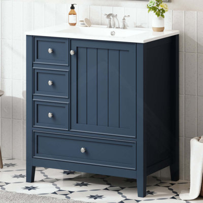Meuble-lavabo de salle de bain avec lavabo, une armoire et trois tiroirs, bois massif et panneau de fibres à densité moyenne