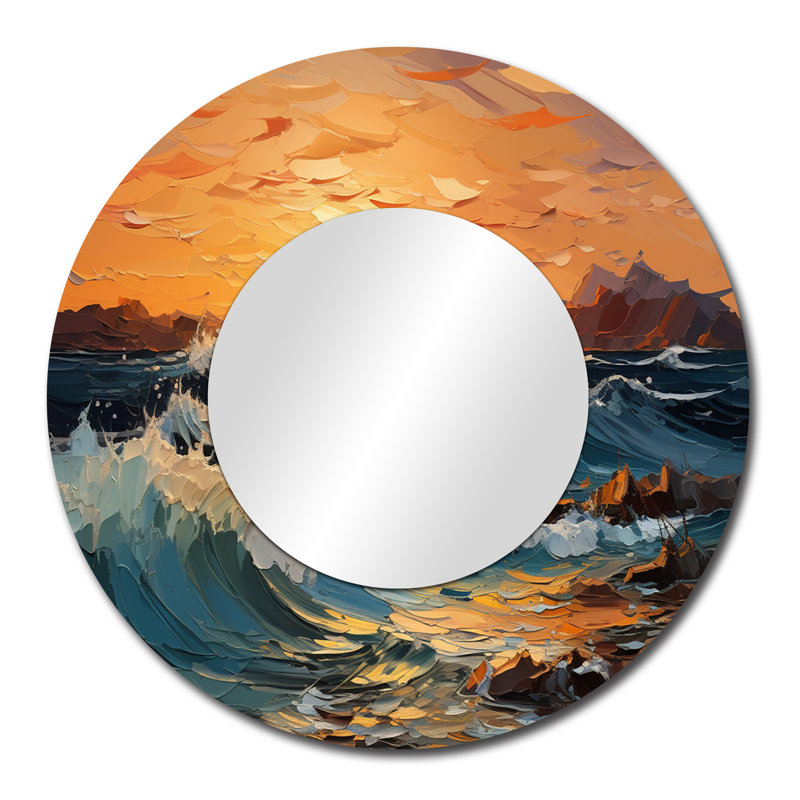 Abstrait lyrique orange sarcelle lyrique coucher de soleil - miroir mural abstrait lyrique, miroir décoratif rond orange, impression d'art en métal