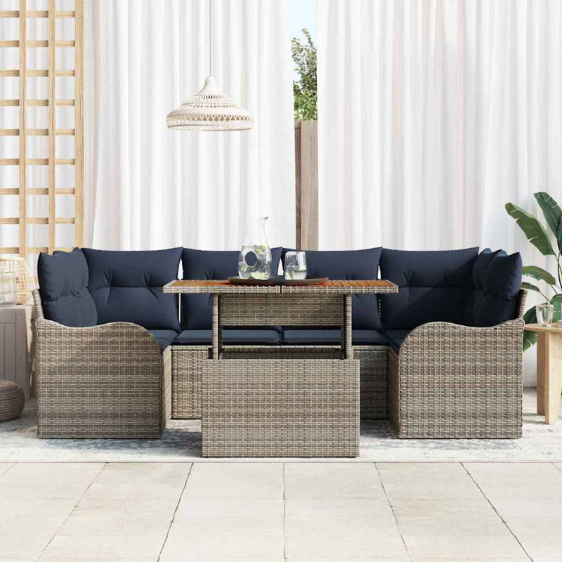  Ensemble de canapé de jardin avec coussin 7 pièces gris et bleu marine, Coussin bleu marine / structure grise