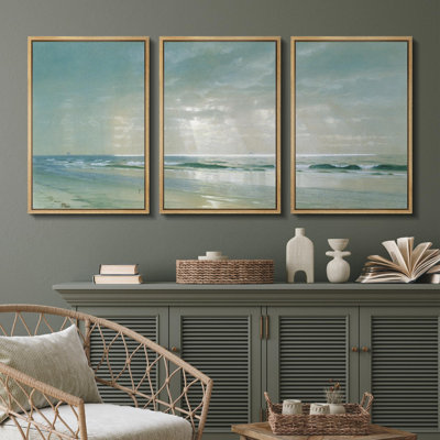 «Serene Beach Peaceful Seashore With Sunbeam Nature Landscape Vintage Classic Rustic Art Decor», 3 pièces