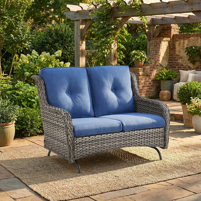 Canapé de patio, causeuse d'extérieur en osier avec coussin épais de luxe, ensemble de meubles de patio toutes saisons, Bleu