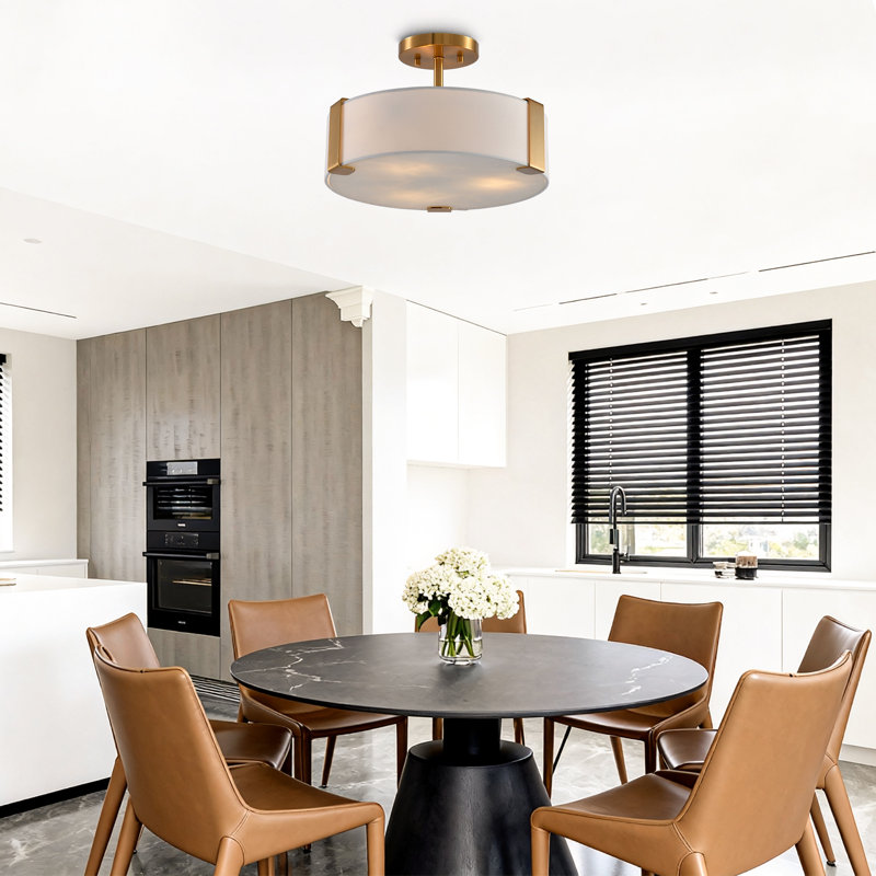 14" Modern 3-Light White Fabric Shade Dimmable Drum Flush Mount Ceiling Light