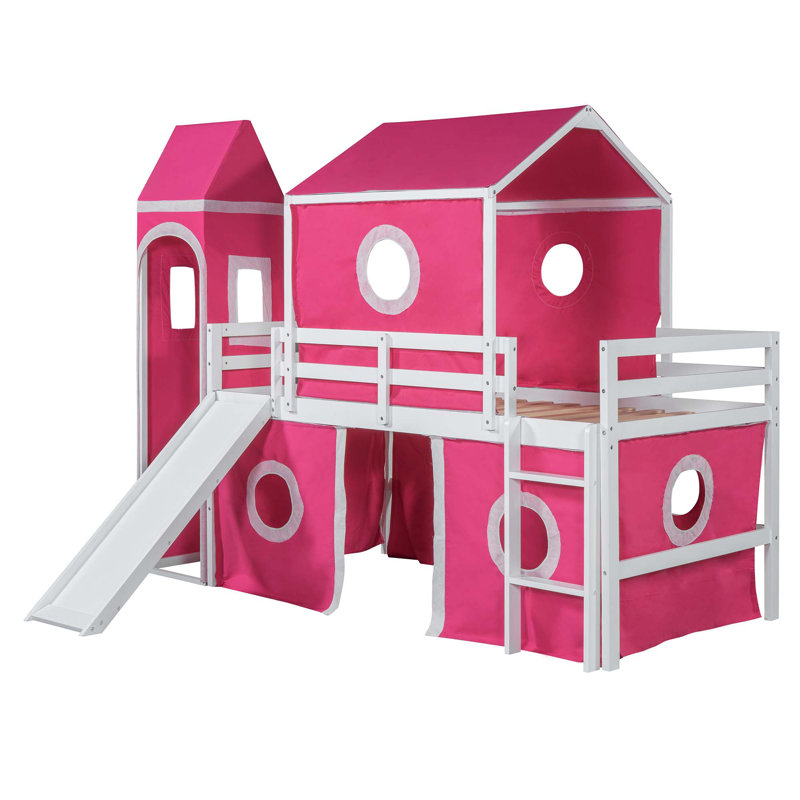 Lit mezzanine avec tente coulissante et tour, Simple, Rose