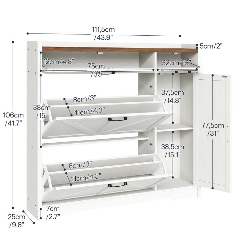 20 Pair Shoe Storage Cabinet with 2 Flip Drawers and Adjustable Shelves, White/Walnut
