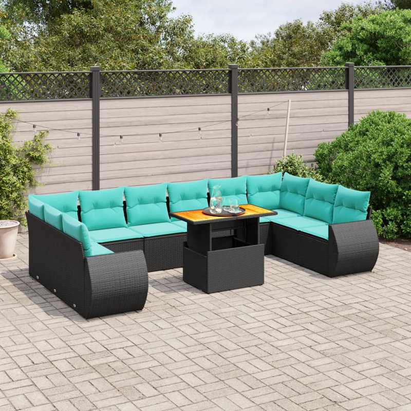 Ensemble de canapé de patio 11 pièces avec coussins en rotin de polyester, Noir, Vert
