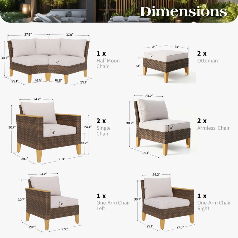Ensemble de mobilier d'extérieur en osier 9 pièces Shutesbury, ensemble de patio modulaire en rotin avec coussins beiges