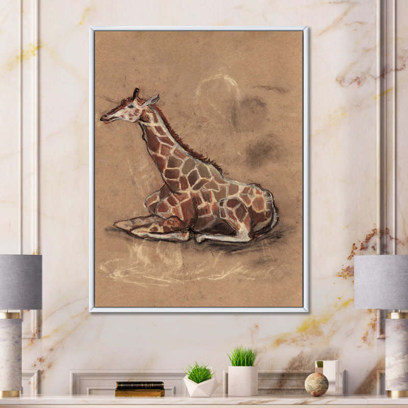 VIntage Giraffe on Brown - Peinture sur toile, H 20 po x l 12 po, Cadre flottant blanc