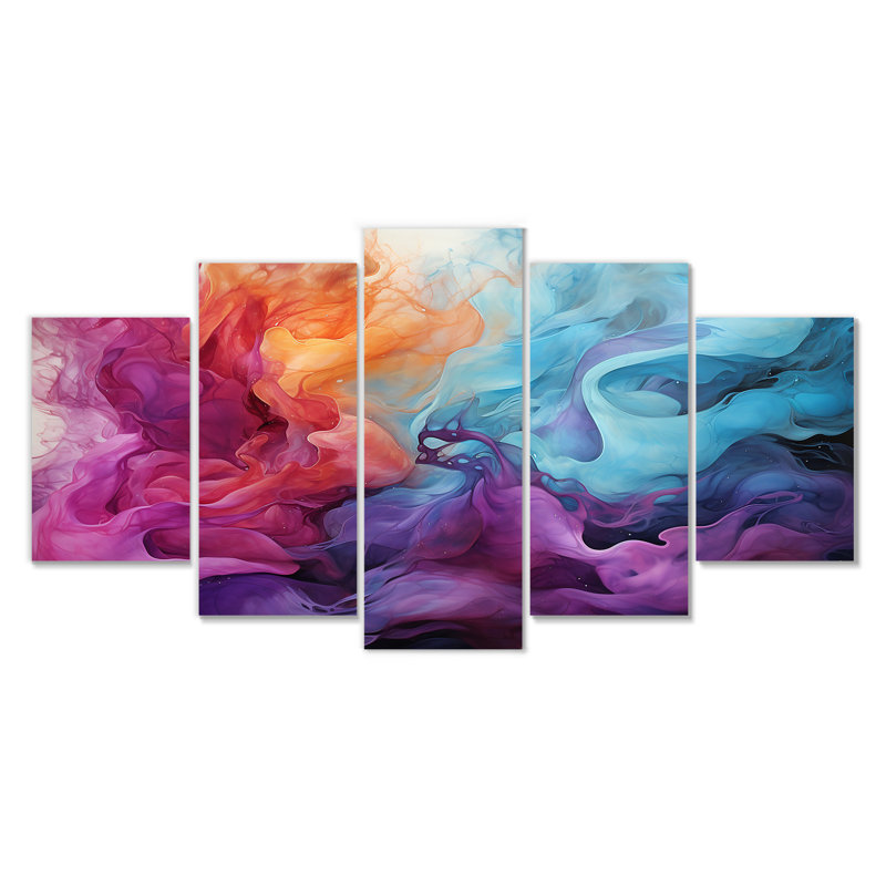 Encre liquide liquide, nuages magenta mauve doré - décoration murale en marbre 5 pièces, H 32 po x l 60 po