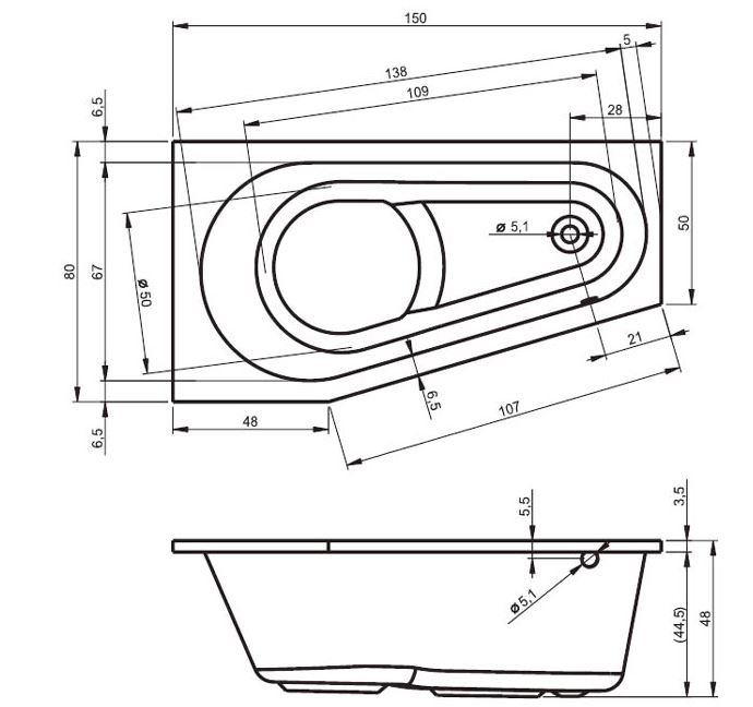 x 1350mm Soaking Acrylic Bathtub, 75cm H x 160cm L x 135cm D
