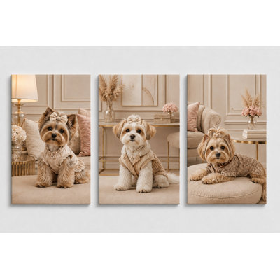 Large Set of 3 Neutral Luxury Dog Canvas Wall Art Beige Glam Puppy Decor Modern Pet Artwork for Bedroom Living Room Nursery 16x24 Inch Canvas Print - Ready to hang