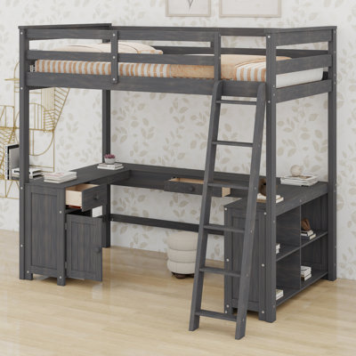 Structure de lit en bois avec armoire, tiroirs et tablettes de rangement