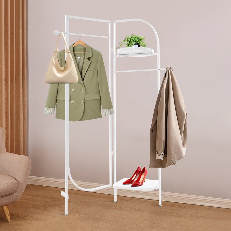Porte-vêtements d'angle moderne blanc, support à vêtements autoportant réglable à 90 ° - 180 ° avec tablettes et crochets