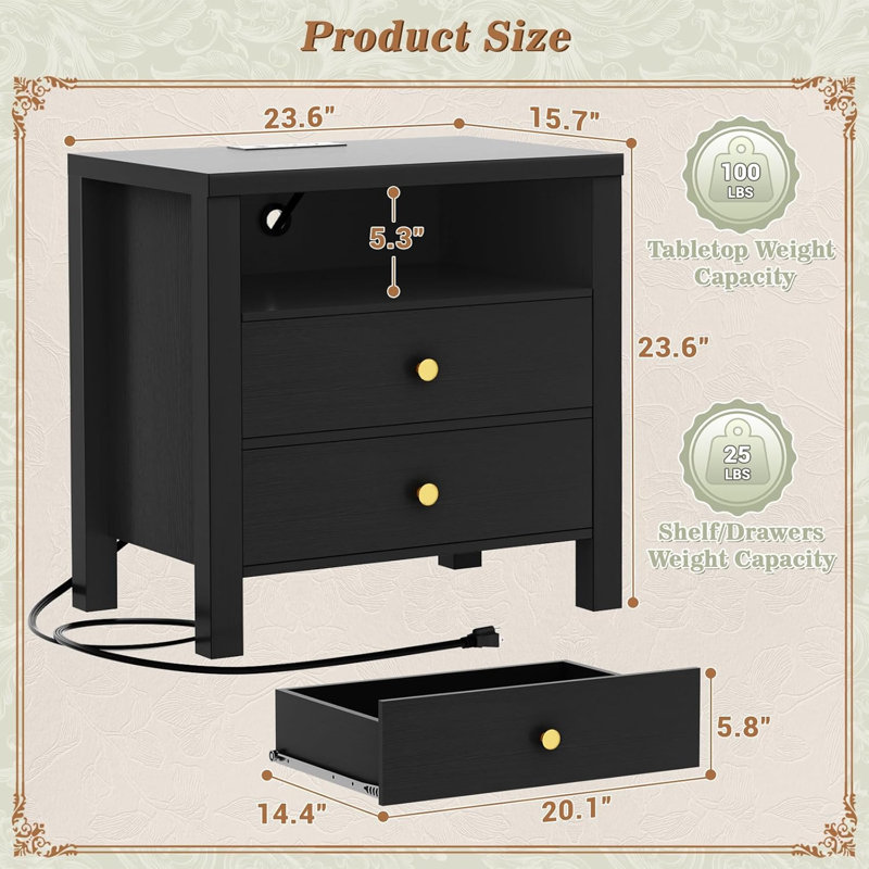 Table de chevet 23,6 po avec station de charge, ensemble de 2, Noir