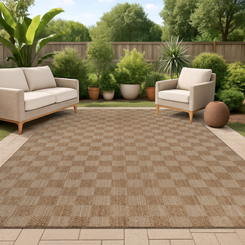Checkered Sand/Natural Easy-Care Jute-Style Indoor/Outdoor Flat Woven Area Rug, Sand, Rectangle 6'7" x 9'