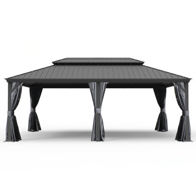 14' X 24' Hardtop Gazebo, Upgraded Metal Gazebo With Drainage System, Dual-Layer Galvanized Steel Roof, Curtain And Netting, Outdoor Shelter Canopy For Patio, Garden, And Backyard