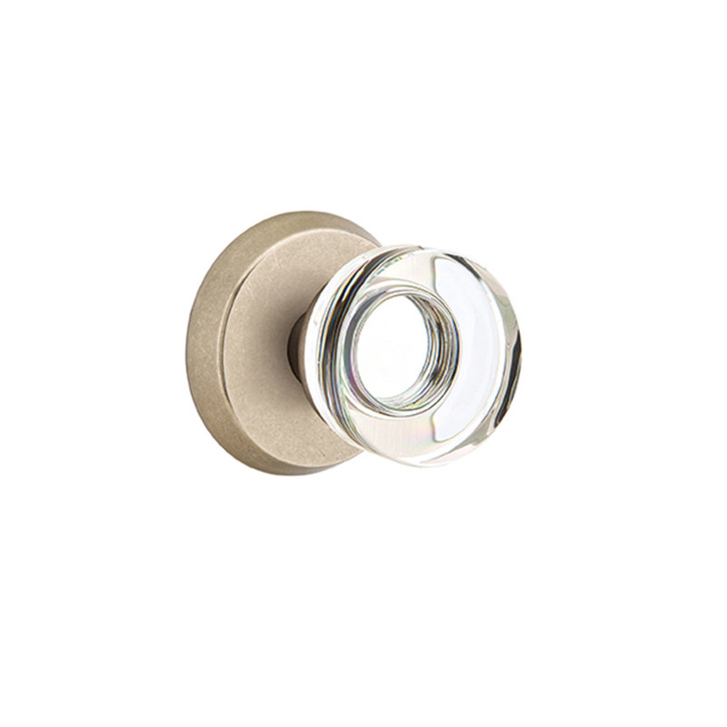 Ensemble de faux boutons Emtek avec rosette Sandcast # 2 et poignée moderne en verre à disque, Cascade bronze blanc