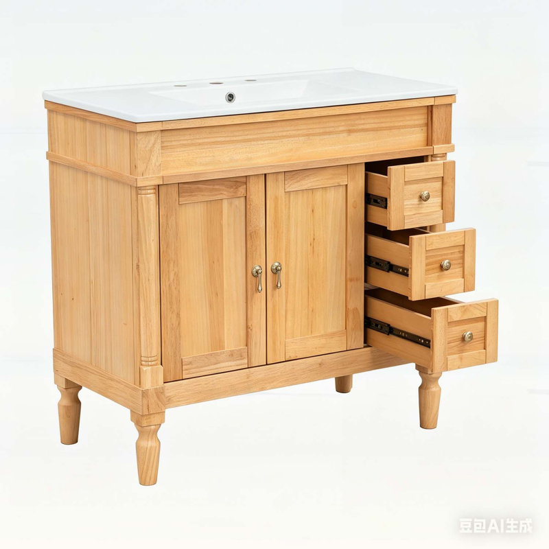Meuble-lavabo de salle de bain avec lavabo en céramique, portes à fermeture douce et tablettes réglables