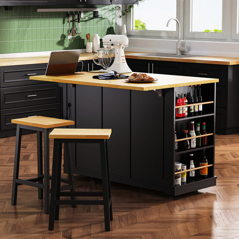 Îlot de cuisine noir comprenant 2 tabourets, une prise de courant, un rangement interne, un abattant, 5 tablettes latérales, 3 tiroirs pour les espaces de salle à manger et de rangement